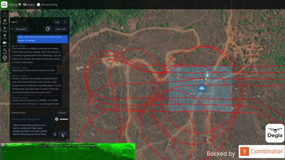 Degla mission-control screen with chat, flight path and aircraft camera feed